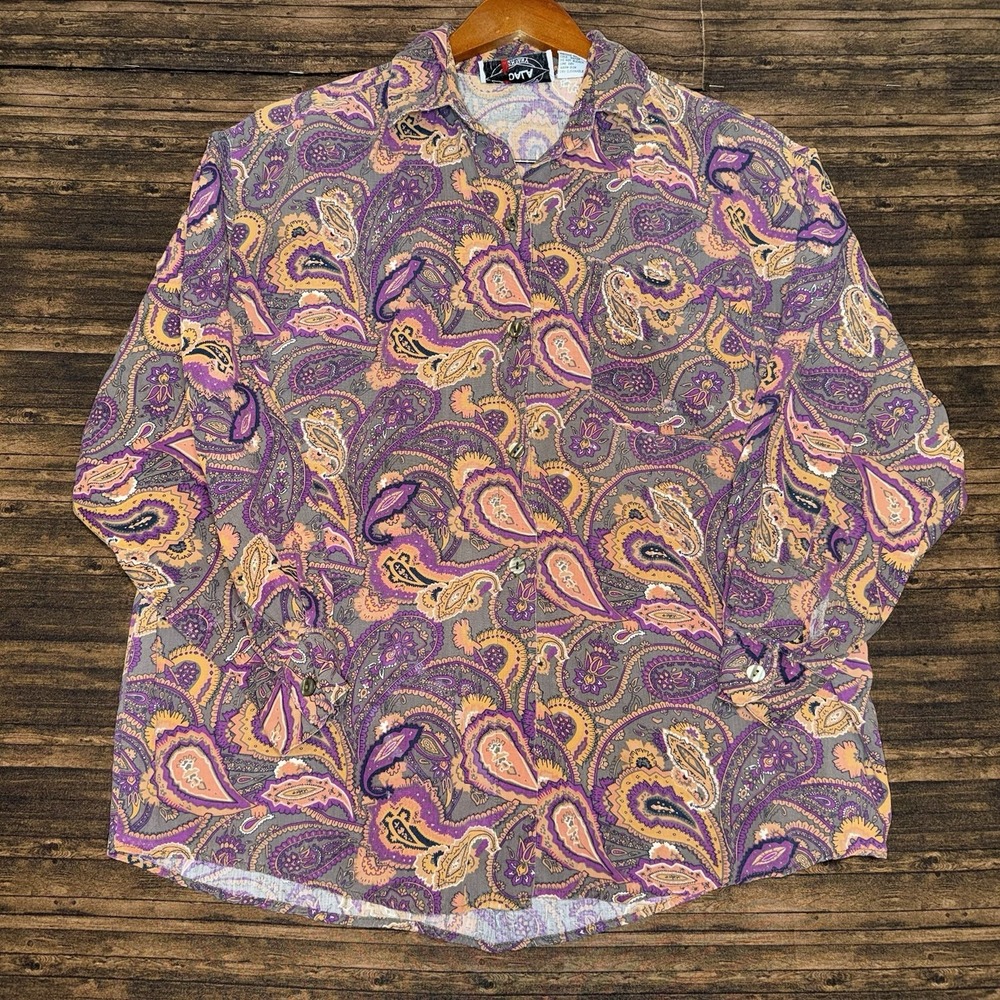 Koala Button Up Women Size L Multicolor Vintage Paisley Rayon Top